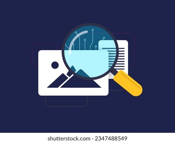 concepto de detector de contenido de IA. Detectar contenido inteligente artificial - imágenes generadas o texto de la herramienta de detección de escritura ai. Ilustración aislada de vectores sobre fondo negro con iconos