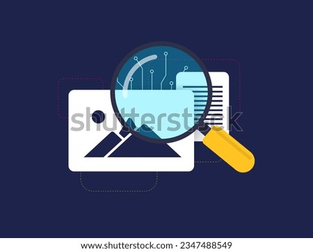 AI Content Detector concept. Detect Artificial Intelligent Content - generated images or ai writing detector tool text. Ai detect vector isolated illustration on black background with icons