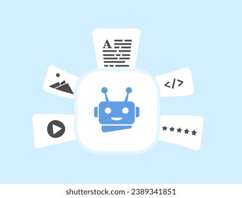 AI Content Generation and Ai-Powered Social Media Automation for SEO articles, ai programming code, text, image generation and review in content marketing. Vector illustration isolated on background