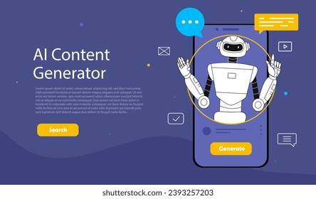 AI Content generation concept. Artificial intelligence and machine learning. Chatbot at smartphone display. Landing page design. Modern technologies and innovations. Cartoon flat vector illustration