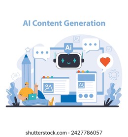 AI Content Generation concept. Revolutionizes digital storytelling with automated writing. Enhances creative processes with AI efficiency. Flat vector illustration.