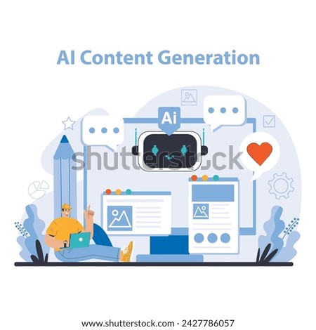 AI Content Generation concept. Revolutionizes digital storytelling with automated writing. Enhances creative processes with AI efficiency. Flat vector illustration.