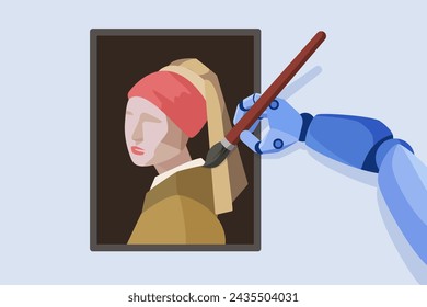 AI content generation using AI, digital art project of artificial intelligence. Hand of robot with brush painting creative portrait of woman, AI artist drawing picture cartoon vector illustration