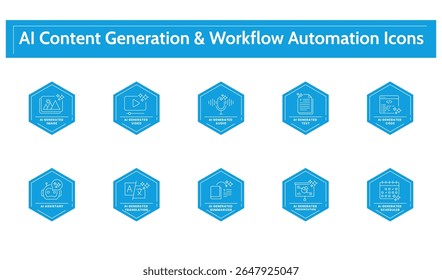 AI Content Generation and Workflow Automation Icon Set – Streamlined Solutions for Image, Video icon, Audio icon, Text, and Task Management. Outline icon set. 