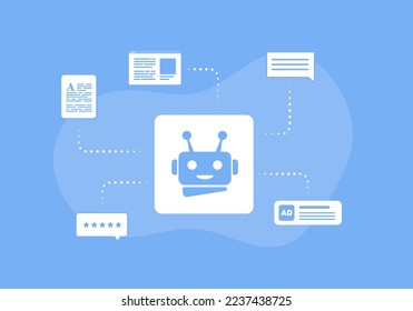 AI Content Generator and artificial intelligence writer bot concept. AI Developing content for ecommerce websites, articles, advertising, chatbots. AI driven digital marketing, social media service