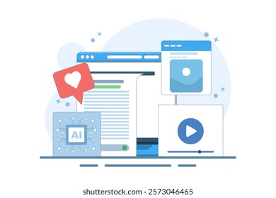 AI content generator concept, Artificial intelligence generating text, video and image content, AI content for business, flat vector design illustration template on background.