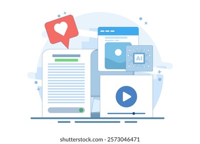 AI content generator concept, Artificial intelligence generating text, video and image content, AI content for business, flat vector design illustration template on background.