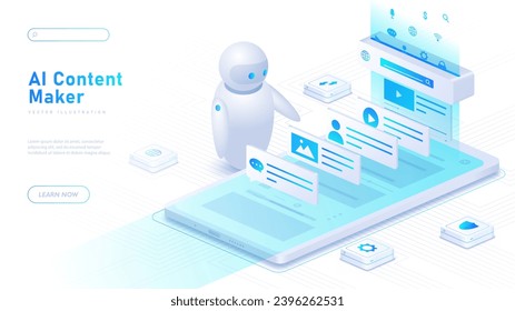 AI content maker white poster. Artificial Intelligence and Machine Learning. Chatbot with smartphone. Landing page design. Cartoon isometric vector illustration isolated on white background