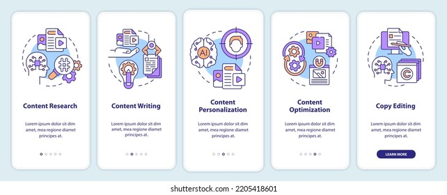 AI in content onboarding mobile app screen. Business online walkthrough 5 steps editable graphic instructions with linear concepts. UI, UX, GUI template. Myriad Pro-Bold, Regular fonts used