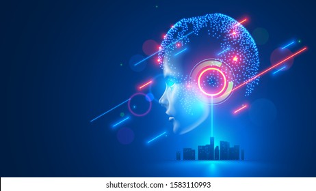 AI controls smart city infrastructure. Artificial intelligence analyze big data urban systems. Abstract cybernetics silhouette head woman with neural network brain in cyberspace. Futuristic concept.