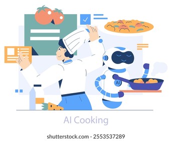 AI Cooking concept. A cheerful chef collaborating with a robot to prepare a meal, showcasing human-AI interaction in the kitchen. Vector illustration.