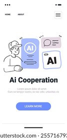AI cooperation concept with person interacting with AI elements in minimalist hand drawn style featuring a person and AI icons on a mobile app screen