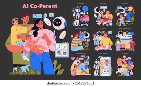 AI Co-Parent concept. A modern approach to parenting that incorporates artificial intelligence into family life. It includes tutoring, emotional support, child safety, and interactive learning