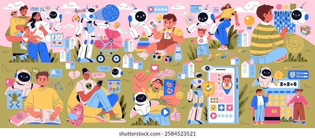 AI Co-Parent concept. This illustration portrays how AI can assist families in daily tasks and learning. It highlights the interaction between technology and family life, emphasizing support in