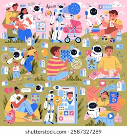 AI Co-Parent concept. This illustration portrays the supportive roles of AI in parenting, showcasing learning, play, and emotional connection. Families engage with AI in various nurturing contexts