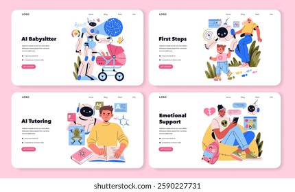 AI Co-Parent concept. This illustration presents innovative roles of AI in childcare, education, and emotional support. It showcases AI assisting in babysitting, tutoring, and providing care. Vector