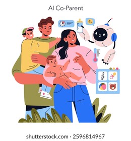 AI Co-Parent concept. This illustration portrays a modern family with an AI assisting in parenting. A robot interacts with parents and children, showcasing technology in daily family life. Vector