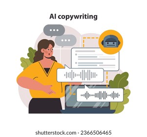 AI copywriting. Neural network writing text for business promotion. Automated post, article or publication. Self-learning computing system generating text. Flat vector illustration