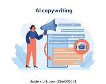 AI copywriting. Neural network writing text for business promotion. Automated post, article or publication. Self-learning computing system generating text. Flat vector illustration