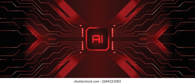 AI Core: Una pieza de arte digital dinámica destaca el núcleo de Inteligencia Artificial con circuitos intrincados. El uso de rojos y sombras audaces captura la poderosa naturaleza de la IA.
