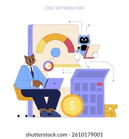 AI and cost optimization for managers represented through an illustration featuring a cat in a suit analyzing data with a robotic assistant showing charts and metrics. Enhancing decision-making.