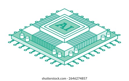AI CPU microchip. Isometric vector illustration. Digital processor with circuits and components, symbolizing artificial intelligence and advanced computing technology.