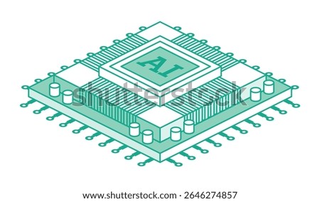 AI CPU microchip. Isometric vector illustration. Digital processor with circuits and components, symbolizing artificial intelligence and advanced computing technology.