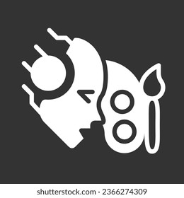 AI creates white linear glyph icon for night mode. Image producing. Machine learning. Negative space silhouette symbol on dark theme background. Solid pictogram. Vector isolated illustration