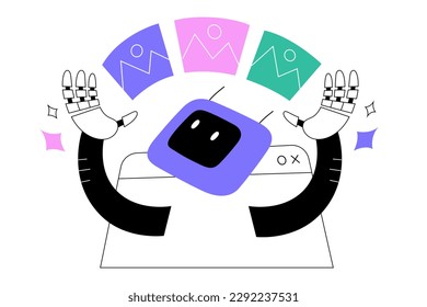 IA creando muchas imágenes, el programa de inteligencia artificial genera fotos, obras de arte, manos robot retienen y da archivos, interfaz de programa, carácter androide, ilustración vectorial aislada