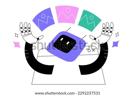 AI creating lots of images, artificial intelligence program generates photos, artworks, robot hands holds and gives files, program interface, android character, vector illustration isolated