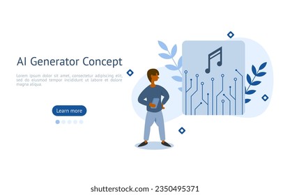 AI creation illustration, characters are looking at Music note files created using AI generator. AI Generator Creation concept. vector illustration.