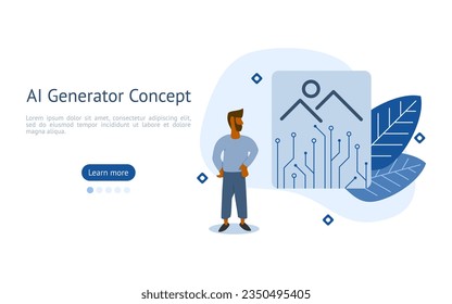 Ilustración de creación de AI, los personajes están mirando los archivos Image creados mediante un generador de IA. Concepto de creación de generadores de IA. ilustración vectorial.