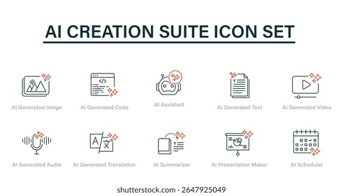Conjunto de ícones do AI Creation Suite - Ferramentas profissionais para criação de conteúdo, ícone Vídeo, ícone Áudio, Texto e Gerenciamento de tarefas. Conjunto de ícones de contorno de vetor.