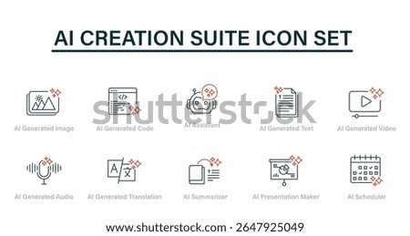 AI Creation Suite Icon Set – Professional Tools for Content Creation, Video icon, Audio, Text, and Task Management icon. Vector outline icon set.