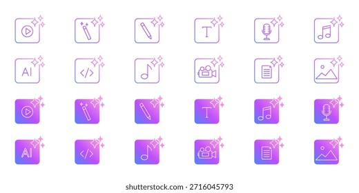 Iconos creativos del Generador Video de la IA que presentan el juego, el texto de la IA, la música, la varita, el código y el sistema de iconos de las herramientas. Colección de Símbolos Multimedia de Inteligencia Artificial. Ilustración vectorial aislada.