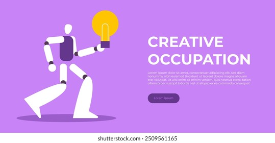 AI Creative occupation. Robot Designer and artist at work. Hobby and modern profession. Flat vector illustration in cartoon style.