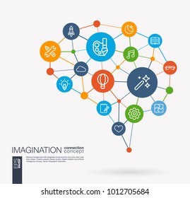 AI creative think system concept. Digital mesh smart brain idea. Futuristic interact neural network grid connect. Imagination and dream, brainstorm, art, inspiration integrated business vector icons.