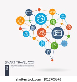 AI creative think system concept. Digital mesh smart brain idea. Futuristic interact neural network grid connect. Travel plane, tour map, hotel booking, flight ticket integrated business vector icons.