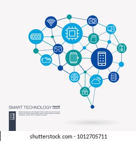 AI creative think system concept. Digital mesh smart brain idea. Futuristic interact neural network grid connect. Wireless technology, 3d printing, virtual reality integrated business vector icons.