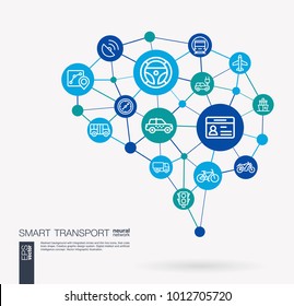 AI creative think system concept. Digital mesh smart brain idea. Futuristic interact neural network grid connect. Transportation, car drive license, navigation service integrated business vector icons