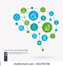 AI creative think system concept. Digital mesh smart brain idea. Futuristic interact neural network grid connect. Healthcare, psychology, medicine and medical service integrated business vector icons.