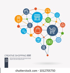 AI Creative Think System Concept. Digital Mesh Smart Brain Idea. Futuristic Interact Neural Network Grid Connect. Shopping, Ecommerce, Market, Retail And Online Sales Integrated Business Vector Icons.