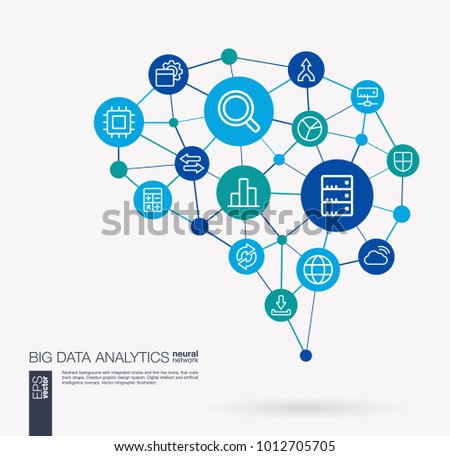 AI creative think system concept. Digital mesh smart brain idea. Futuristic interact neural network grid connect. Bigdata analytics, research, big data info center integrated business vector icons.