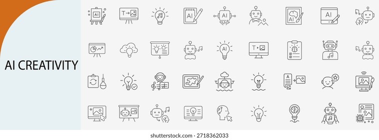 Criatividade de IA e conjunto de ícones de geração de arte digital, criação de conteúdo de inteligência artificial e símbolos de ferramentas de design inteligentes, ilustração de vetor plana