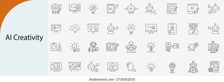 Conjunto de iconos de líneas de arte generativo y creatividad de IA, creación de contenido inteligente e innovación de inteligencia artificial, Ilustración vectorial plana