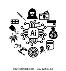 Ilustração de crimes de IA ou crimes cibernéticos, Símbolo de segurança de inteligência artificial
