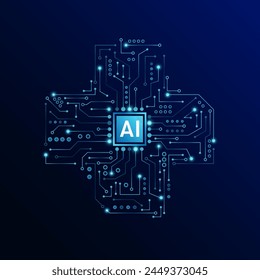 AI in cross symbol electronic circuit. Innovation health care medical digital technology futuristic. On dark blue background. Vector illustration.