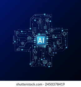 AI in cross symbol electronic circuit and science icons. On dark blue background. Innovation health care medical digital technology futuristic. Vector illustration.