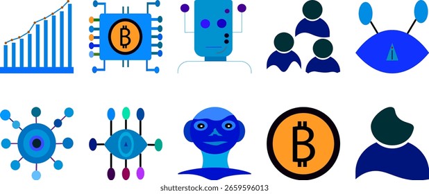 KI und Krypto-Technologie Icon Set Blockchain, Neuronale Netzwerke, Bitcoin, Robotergesicht, Futuristische Elemente Flat Style Vector Pack