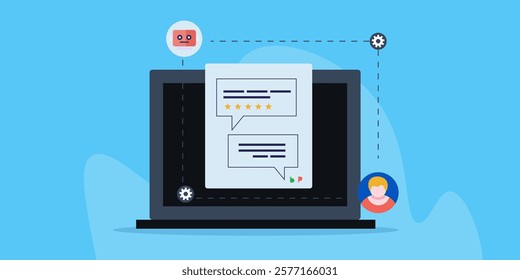 AI customer chat support, Business using artificial intelligence for customer support, Website AI chat bot solving customer problem - vector illustration with icons